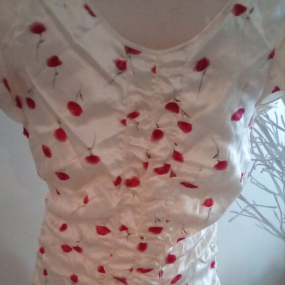 Silk Charmeuse Cherry Print Ruched Dress Size M - Picture 6 of 11